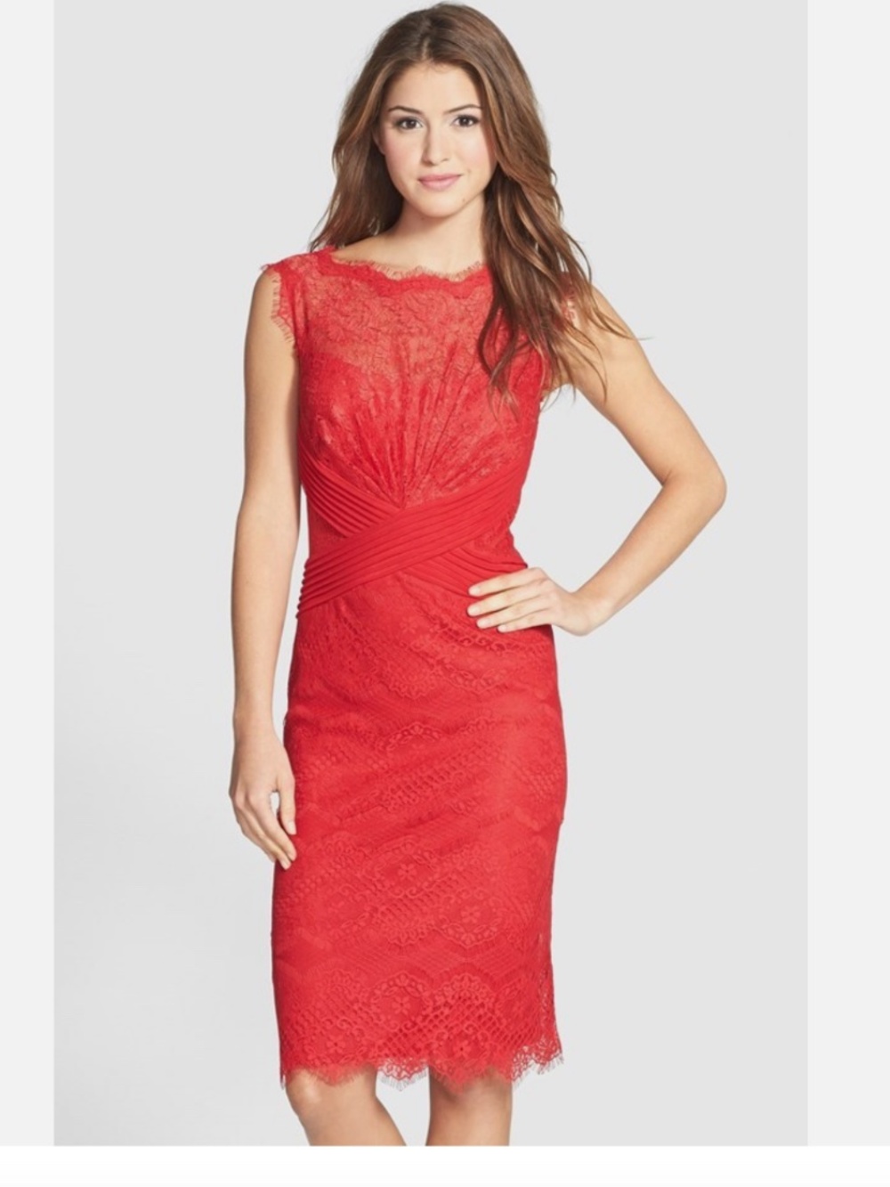 Red Tadashi Shoji Chantilly Lace Boatneck Sheath Dress Size 2